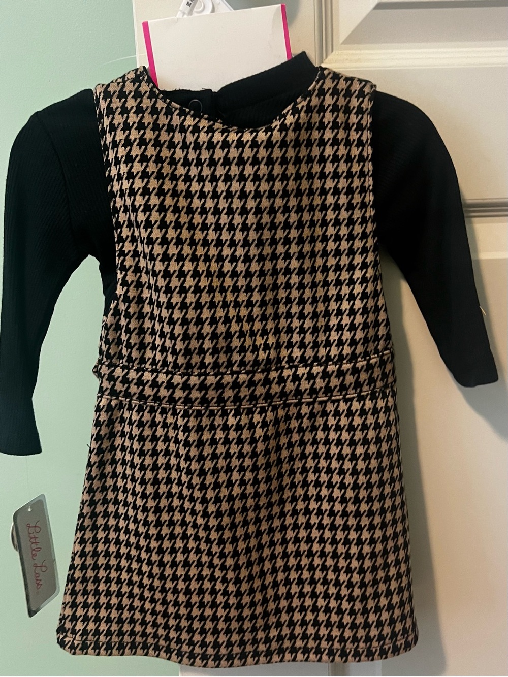 Little Lass Black & Brown Houndstooth Pinafore Set with Bow - Picture 2 of 4